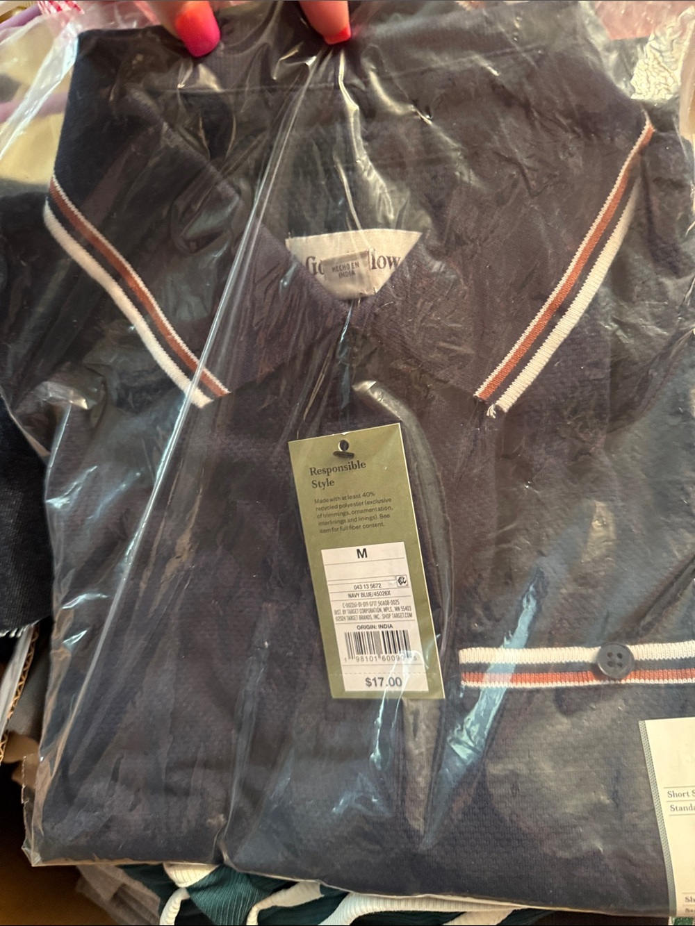 Goodfellow & Co Navy Polo with White and Brown Stripe Trim